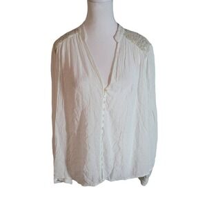 Free People Size S Ivory Canyon Rose Button Down Metallic Gold Lace Back Blouse